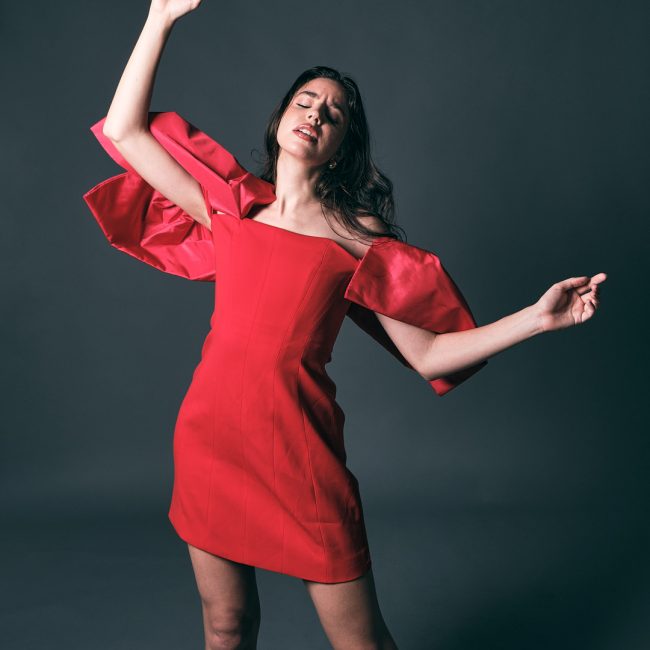 model in a red dress